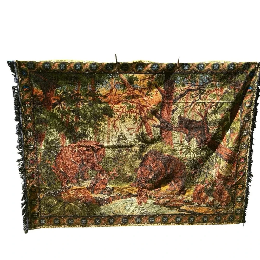 Vintage Bear Tapestry Rug Wall Hanging Cabin Rustic Camp Decor 45 X 63 Colorful